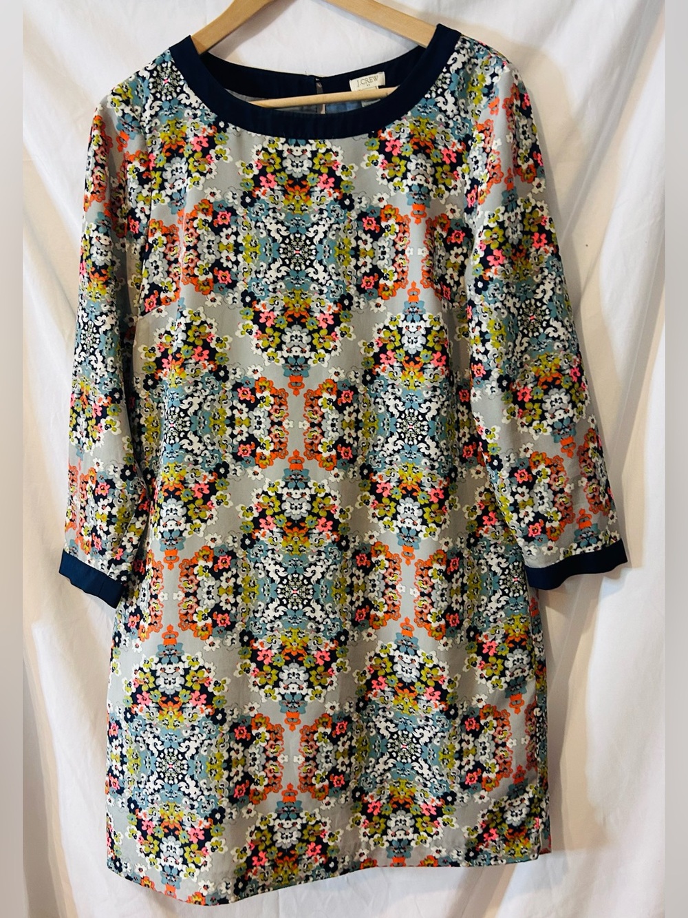 J.CREW Womens Silk Gray Misty Fog Floral Navy Trim 3/4 Sleeve Shift Dress Sz 6